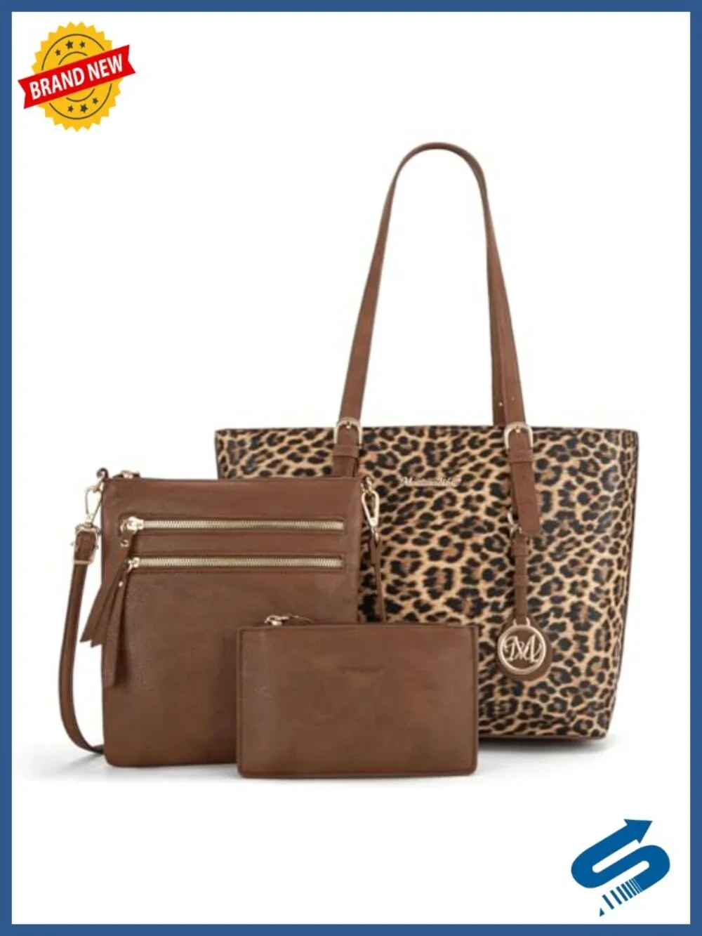 Faux Leather Tote Bag Set with Leopard Print - 3 Piece Satchel Handbag Set